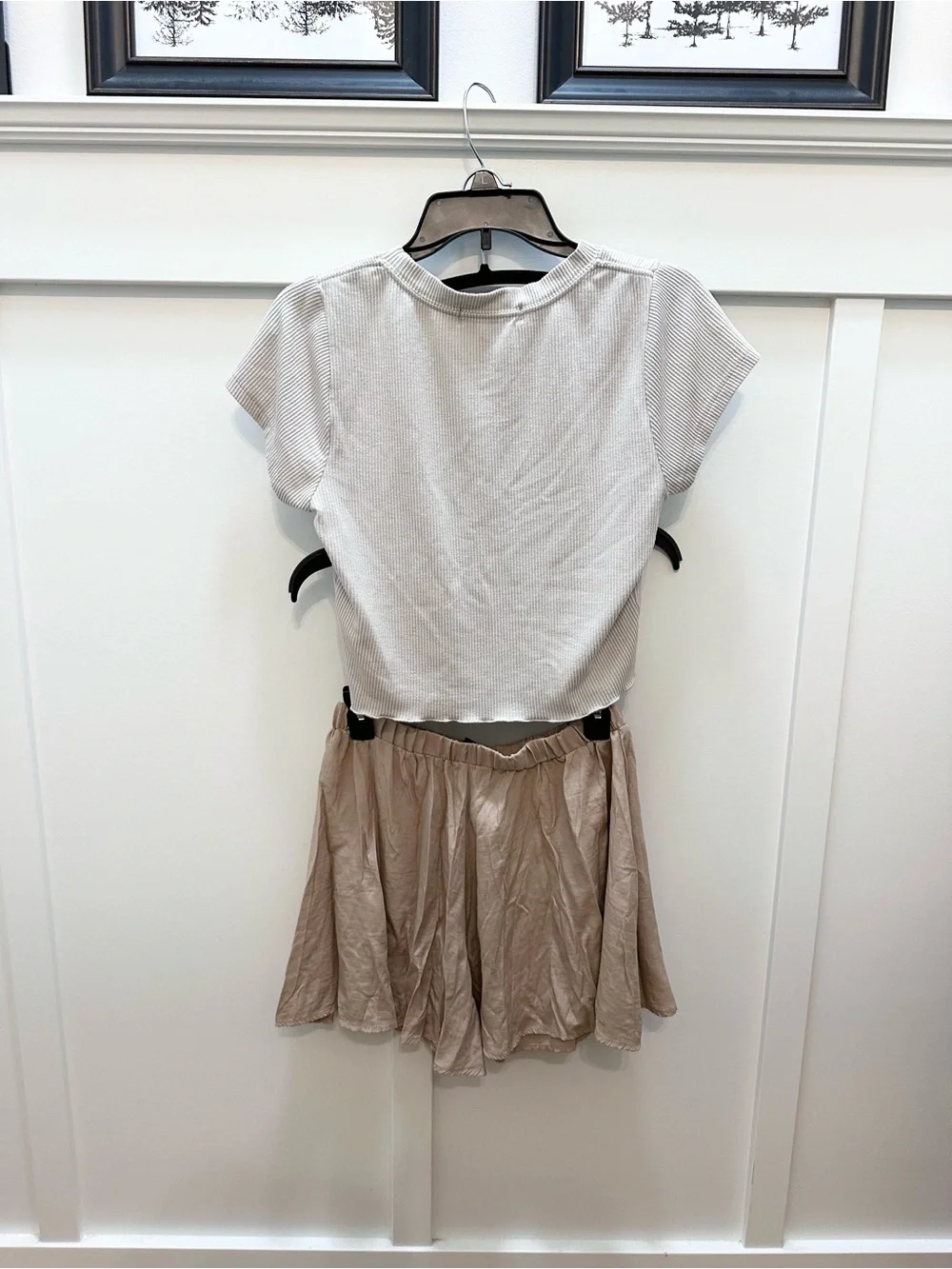 Neutral Ribbed Top & Drawstring Shorts Skort Outfit set Khaki Beige Tan Mediium